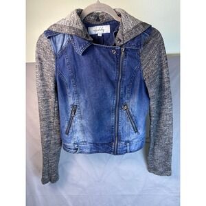 Sebby Distressed Denim Moto Jacket with Knit Hoodie Sleeves and Hood